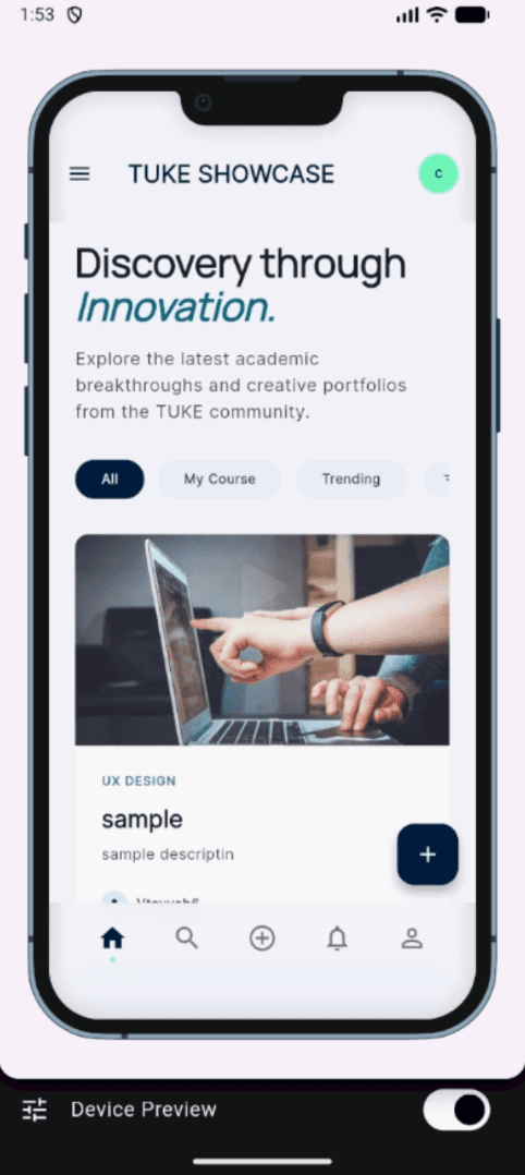 TUKE Showcase discovery feed showing student project cards